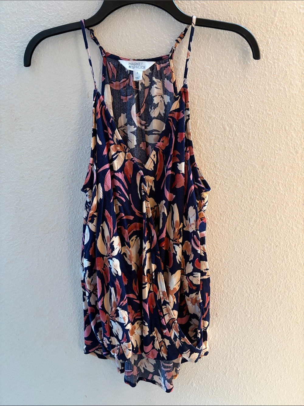 Market & Spruce Navy Floral Spaghetti-Strap Tank with Blush and Rust Accents